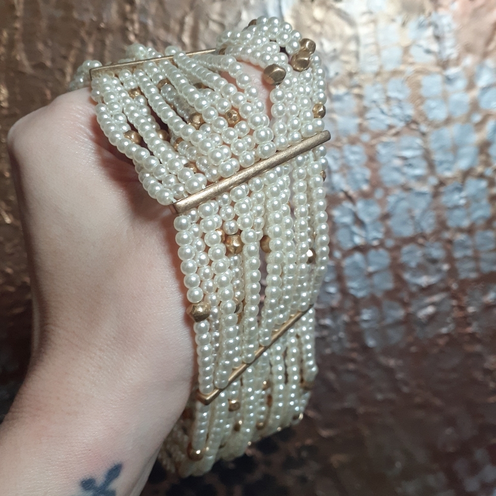 Zara Cream Pearl Multi-Row Choker with Gold Accents - Picture 4 of 14